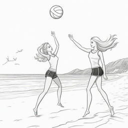 Two-dimensional, black and white cartoon-style colouring page of a Barbie fairy and her boyfriend Ken playing volleyball at the beach on a white background.