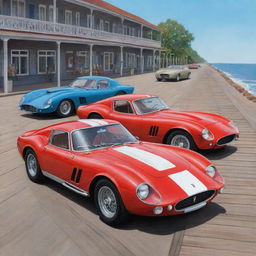 A colourful cartoon illustration of a Ferrari 250 GTO, a Bugatti Type 57 Atlantic, and a Mustang GT500 Shelby, all standing side by side on a boardwalk.