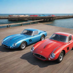 A colourful cartoon illustration of a Ferrari 250 GTO, a Bugatti Type 57 Atlantic, and a Mustang GT500 Shelby, all standing side by side on a boardwalk.