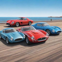 A colourful cartoon illustration of a Ferrari 250 GTO, a Bugatti Type 57 Atlantic, and a Mustang GT500 Shelby, all standing side by side on a boardwalk.