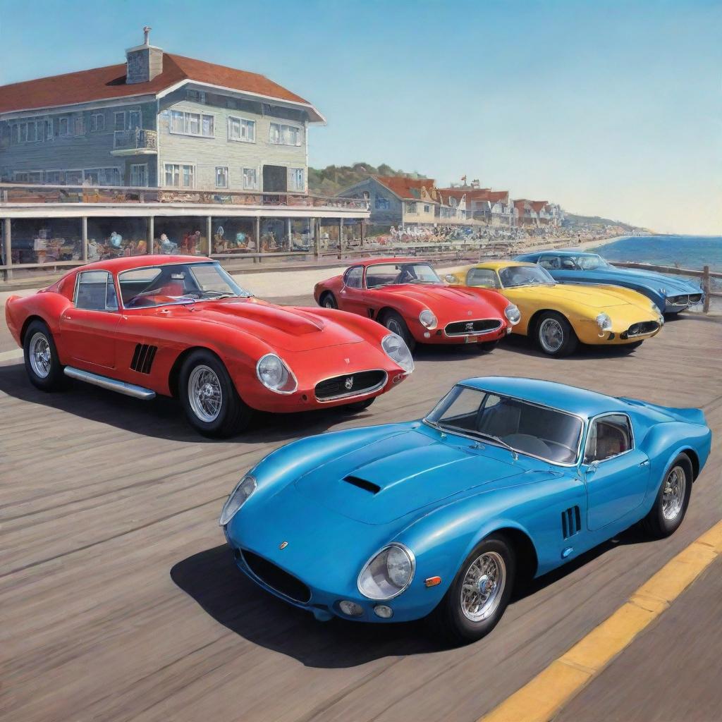 A colourful cartoon illustration of a Ferrari 250 GTO, a Bugatti Type 57 Atlantic, and a Mustang GT500 Shelby, all standing side by side on a boardwalk.