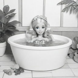 Two-dimensional, black and white cartoon-style colouring page of a Barbie fairy sitting in a jacuzzi with a Hawaiian drink in her hand on a white background.