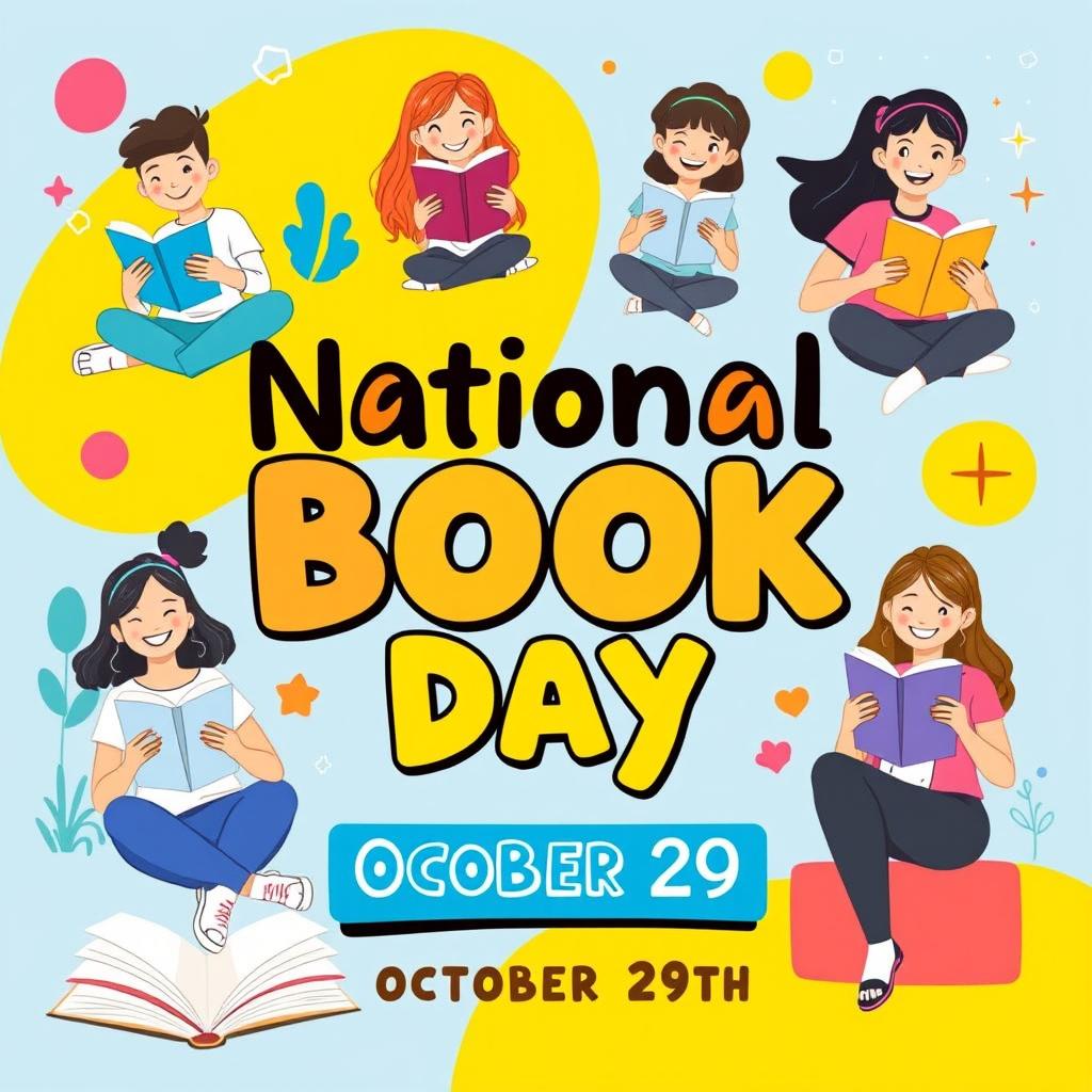 A vibrant and youthful poster celebrating National Book Day on October 29th