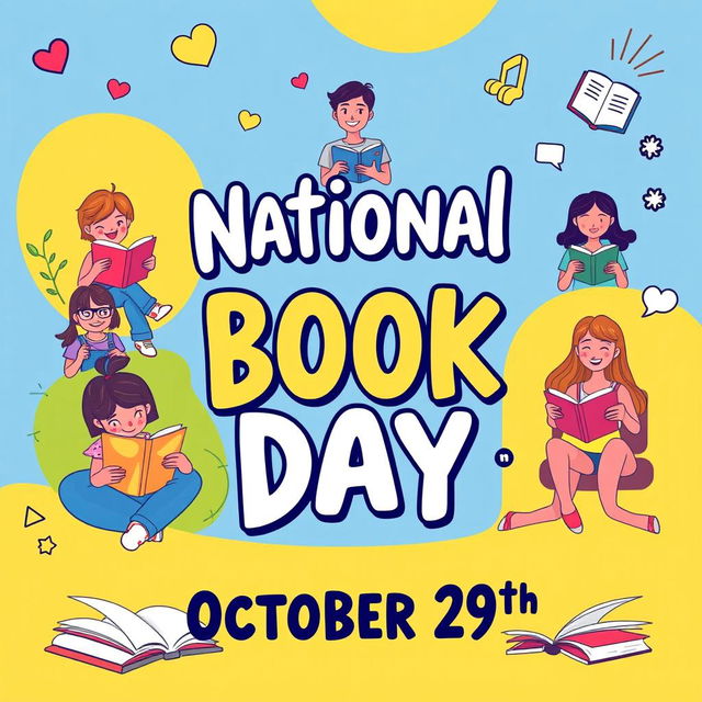 A vibrant and youthful poster celebrating National Book Day on October 29th