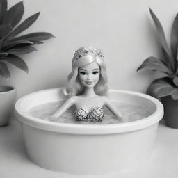 Two-dimensional, black and white cartoon-style colouring page of a Barbie fairy sitting in a jacuzzi with a Hawaiian drink in her hand on a white background.