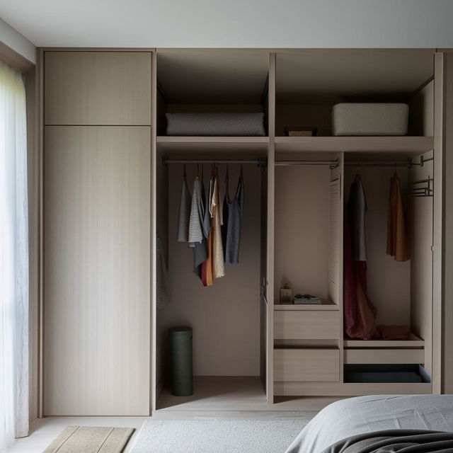 A well-arranged bedroom featuring a stylish wardrobe, planned with harmony of colors and materials. The room exhibits warmth and comfort, balancing function and aesthetics.