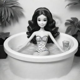 Two-dimensional, black and white cartoon-style colouring page of a Barbie fairy sitting in a jacuzzi with a Hawaiian drink in her hand on a white background.