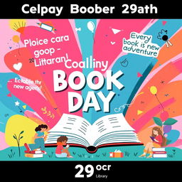 A vibrant and engaging poster design for a library to celebrate Book Day on October 29th