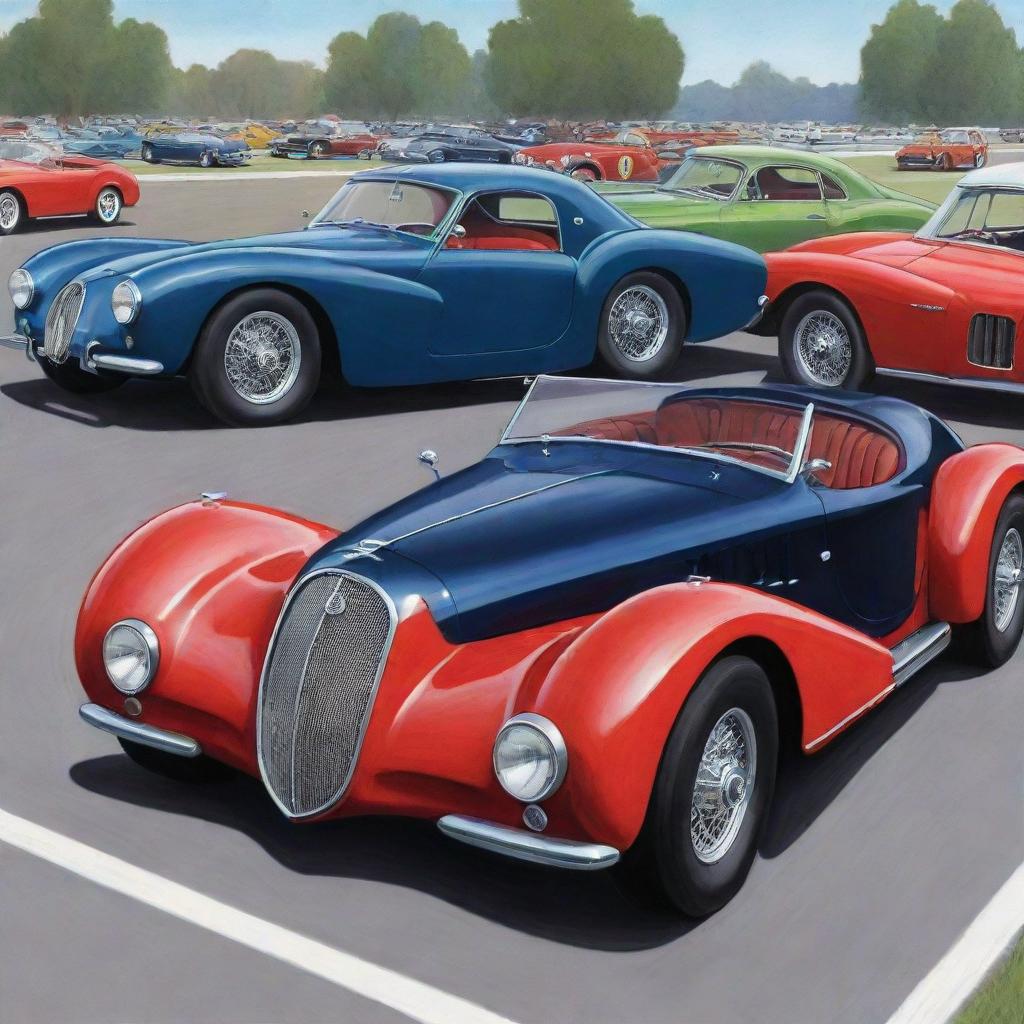 A dynamic and colorful cartoon illustration of a Bugatti Type 57 Atlantic, a Mustang GT500 Shelby, and a Ferrari 250 GTO showcased at a car show.