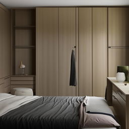 A well-arranged bedroom featuring a stylish wardrobe, planned with harmony of colors and materials. The room exhibits warmth and comfort, balancing function and aesthetics.