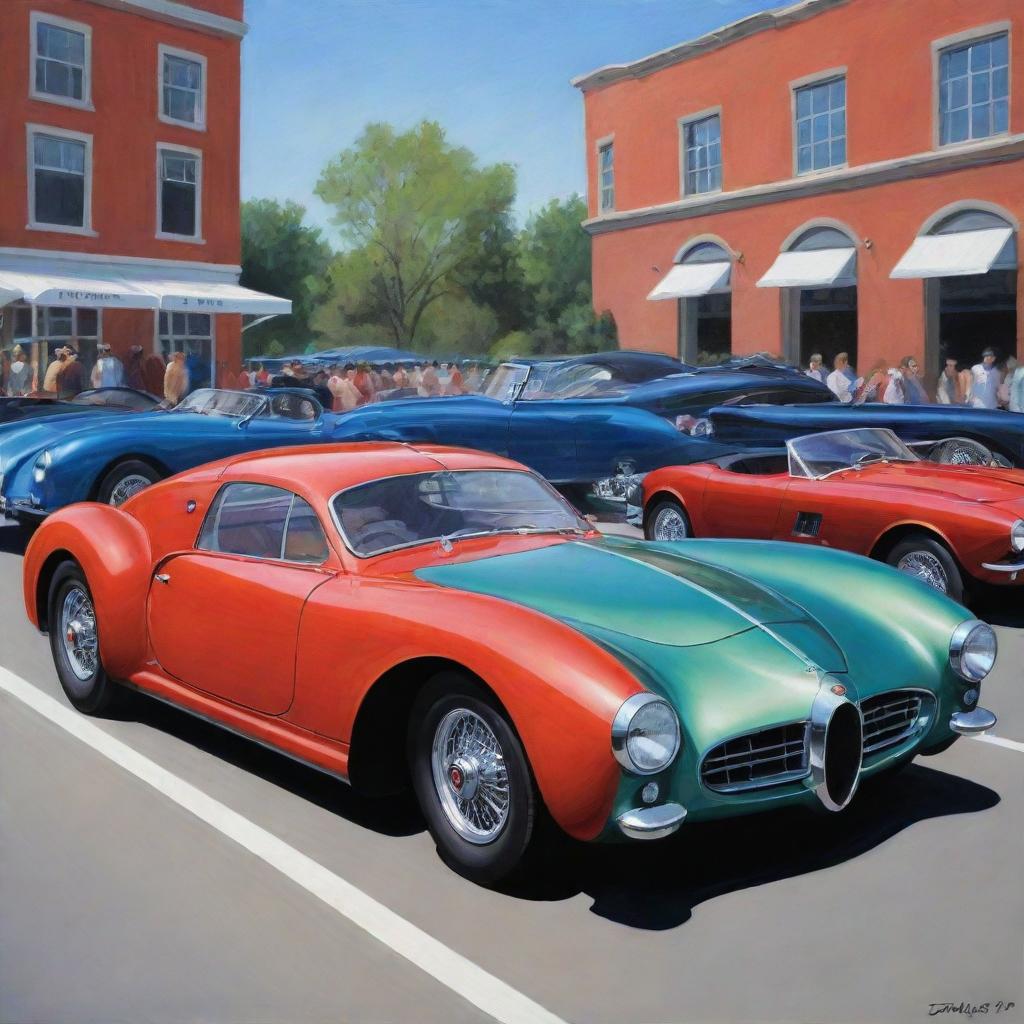 A dynamic and colorful cartoon illustration of a Bugatti Type 57 Atlantic, a Mustang GT500 Shelby, and a Ferrari 250 GTO showcased at a car show.