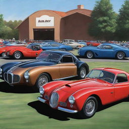 A dynamic and colorful cartoon illustration of a Bugatti Type 57 Atlantic, a Mustang GT500 Shelby, and a Ferrari 250 GTO showcased at a car show.