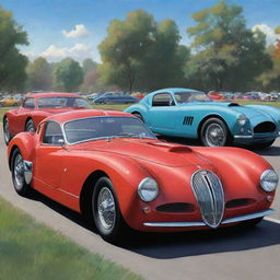 A dynamic and colorful cartoon illustration of a Bugatti Type 57 Atlantic, a Mustang GT500 Shelby, and a Ferrari 250 GTO showcased at a car show.