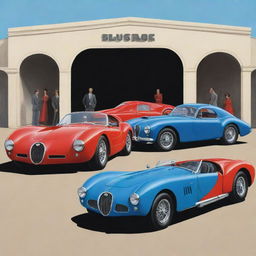 A dynamic, colourful cartoon illustration of a Bugatti Type 57 Atlantic, a Mustang GT500 Shelby, and a Ferrari 250 GTO showcased on a stage.