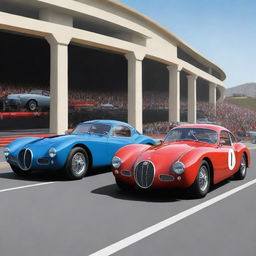 A dynamic, colourful cartoon illustration of a Bugatti Type 57 Atlantic, a Mustang GT500 Shelby, and a Ferrari 250 GTO showcased on a stage.