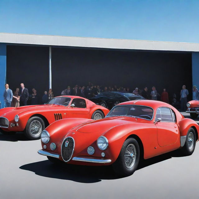 A dynamic, colourful cartoon illustration of a Bugatti Type 57 Atlantic, a Mustang GT500 Shelby, and a Ferrari 250 GTO showcased on a stage.