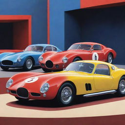 A dynamic, colourful cartoon illustration of a Bugatti Type 57 Atlantic, a Mustang GT500 Shelby, and a Ferrari 250 GTO showcased on a stage.