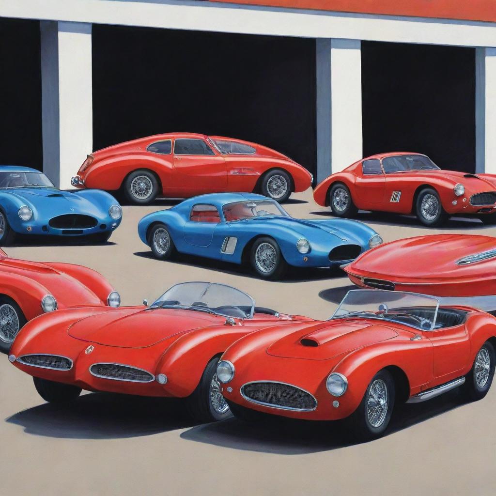 A dynamic, colourful cartoon illustration of a Bugatti Type 57 Atlantic, a Mustang GT500 Shelby, and a Ferrari 250 GTO showcased on a stage.