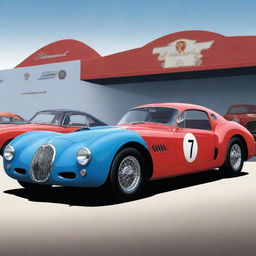 A dynamic, colourful cartoon illustration of a Bugatti Type 57 Atlantic, a Mustang GT500 Shelby, and a Ferrari 250 GTO showcased on a stage.