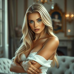 A realistic portrayal of a beautiful blonde Italian woman posing in a confident and artistic manner