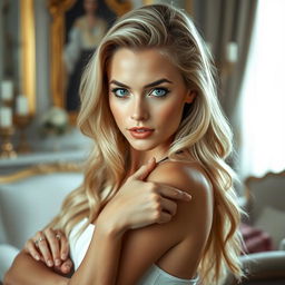 A realistic portrayal of a beautiful blonde Italian woman posing in a confident and artistic manner