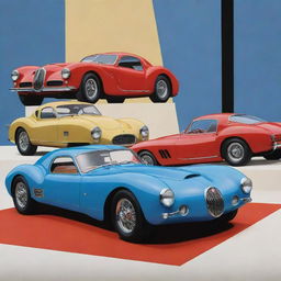 A dynamic, colourful cartoon illustration of a Bugatti Type 57 Atlantic, a Mustang GT500 Shelby, and a Ferrari 250 GTO showcased on a stage.