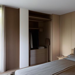 A well-arranged bedroom featuring a stylish wardrobe, planned with harmony of colors and materials. The room exhibits warmth and comfort, balancing function and aesthetics.