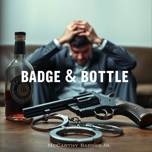 A police badge, a liquor bottle, a service revolver, and handcuffs arranged prominently in the foreground