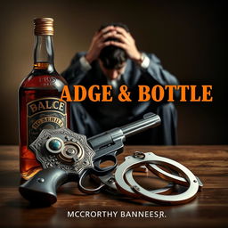 A police badge, a liquor bottle, a service revolver, and handcuffs arranged prominently in the foreground
