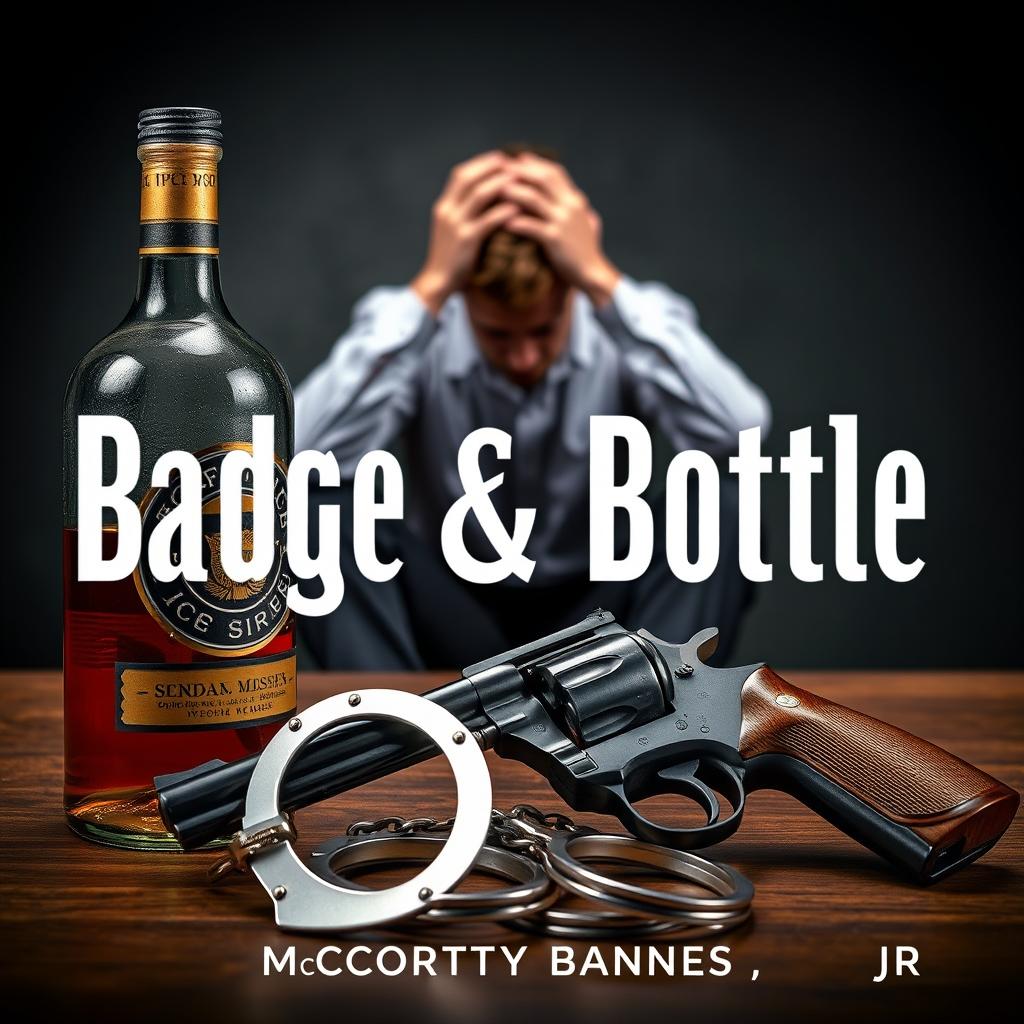 A police badge, a liquor bottle, a service revolver, and handcuffs arranged prominently in the foreground