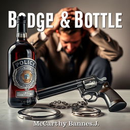 A police badge, a liquor bottle, a service revolver, and handcuffs arranged prominently in the foreground