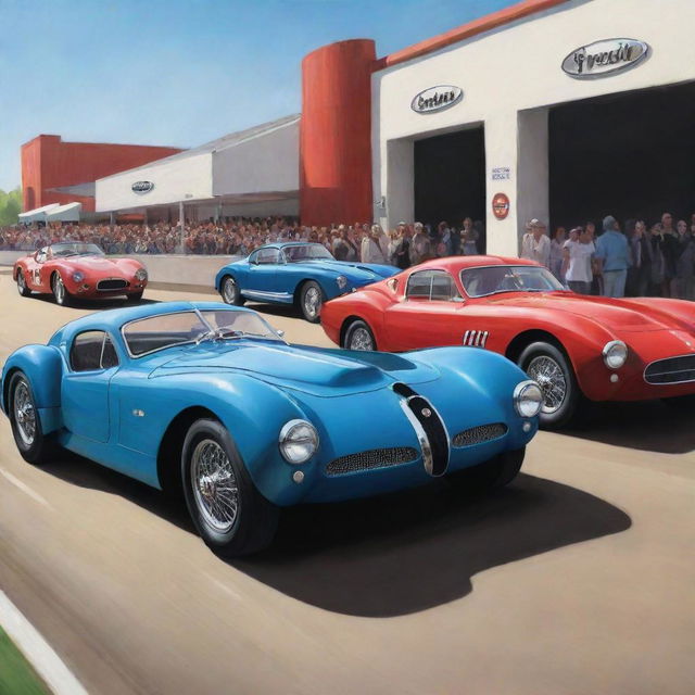 A dynamic, colourful cartoon illustration of a Bugatti Type 57 Atlantic, a Mustang GT500 Shelby, and a Ferrari 250 GTO showcased on a stage.