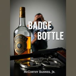 A police badge, a liquor bottle, a service weapon, and handcuffs arranged prominently in the foreground