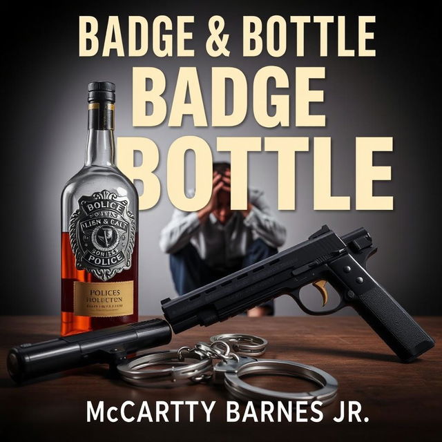 A police badge, a liquor bottle, a service weapon, and handcuffs arranged prominently in the foreground