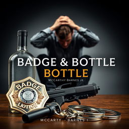 A police badge, a liquor bottle, a service weapon, and handcuffs arranged prominently in the foreground