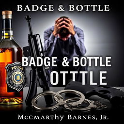 A police badge, a liquor bottle, a service weapon, and handcuffs arranged prominently in the foreground