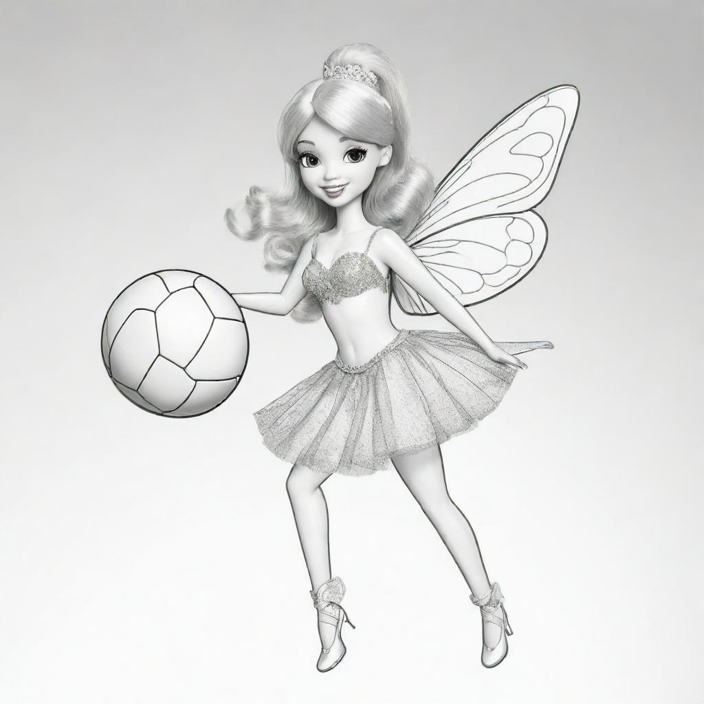 Two-dimensional, black and white cartoon-style colouring page of a Down syndrome fairy Barbie playfully playing with a ball on a white background.