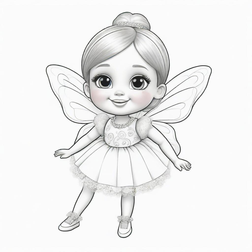 Two-dimensional, black and white cartoon-style colouring page of a Down syndrome fairy Barbie playfully playing with a ball on a white background.