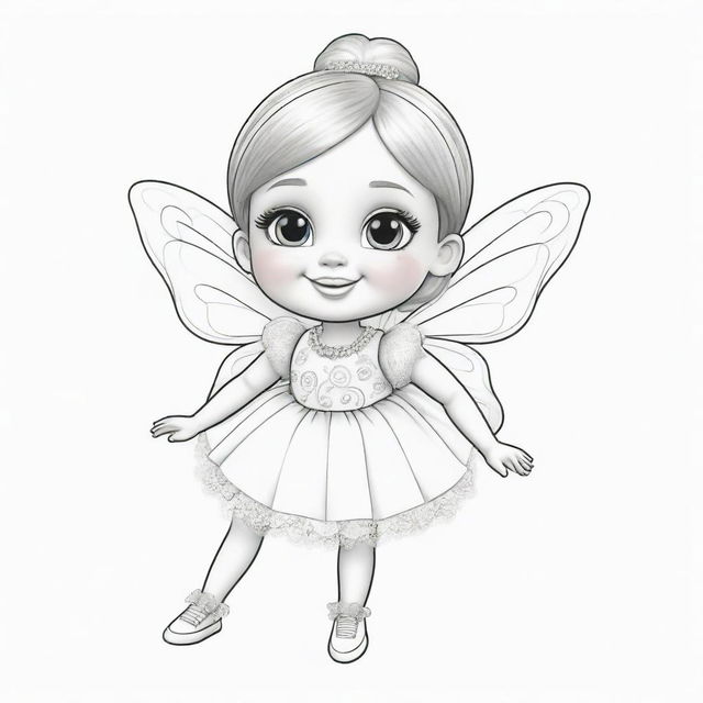 Two-dimensional, black and white cartoon-style colouring page of a Down syndrome fairy Barbie playfully playing with a ball on a white background.