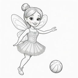 Two-dimensional, black and white cartoon-style colouring page of a Down syndrome fairy Barbie playfully playing with a ball on a white background.