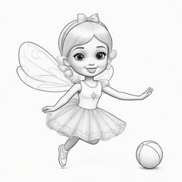 Two-dimensional, black and white cartoon-style colouring page of a Down syndrome fairy Barbie playfully playing with a ball on a white background.