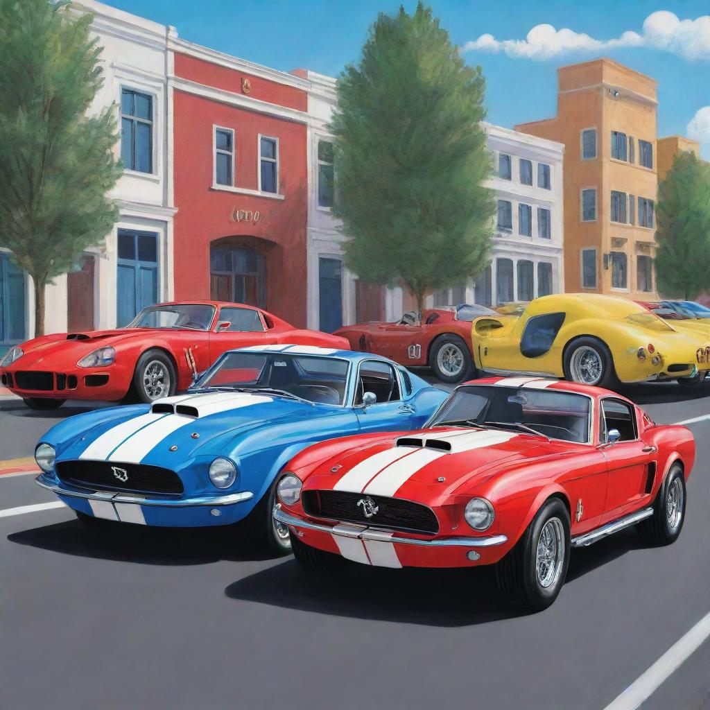 A vibrant cartoon book cover featuring a Mustang GT500 Shelby, a Bugatti Type 57 Atlantic, and a Ferrari 250 GTO.