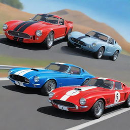 A vibrant cartoon book cover featuring a Mustang GT500 Shelby, a Bugatti Type 57 Atlantic, and a Ferrari 250 GTO.