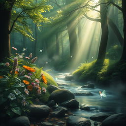 A mystical forest scene with ethereal light filtering through the lush green canopy, soft beams of sunlight creating a magical atmosphere
