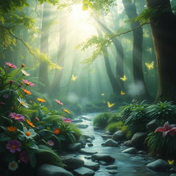 A mystical forest scene with ethereal light filtering through the lush green canopy, soft beams of sunlight creating a magical atmosphere