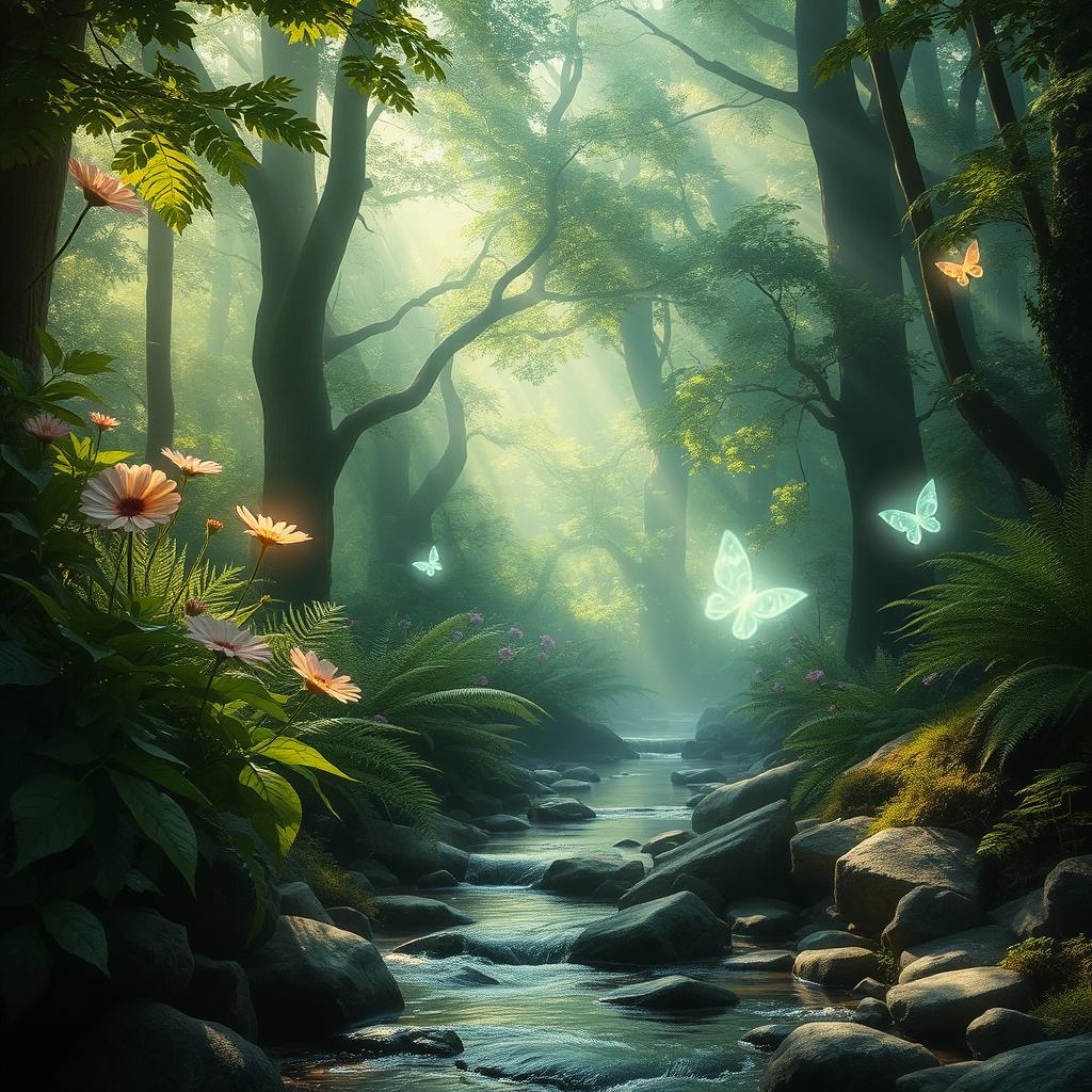 A mystical forest scene with ethereal light filtering through the lush green canopy, soft beams of sunlight creating a magical atmosphere