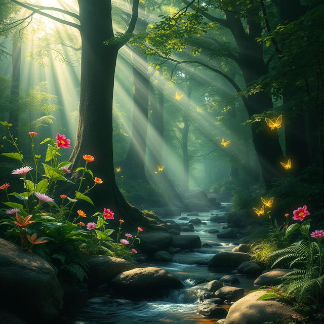 A mystical forest scene with ethereal light filtering through the lush green canopy, soft beams of sunlight creating a magical atmosphere