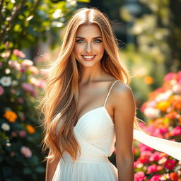 A stunningly beautiful woman with long flowing hair, bright blue eyes, and a radiant smile