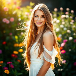 A stunningly beautiful woman with long flowing hair, bright blue eyes, and a radiant smile