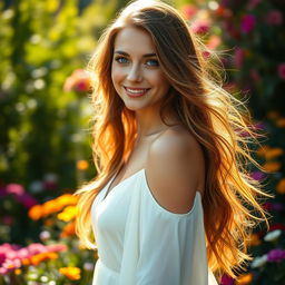 A stunningly beautiful woman with long flowing hair, bright blue eyes, and a radiant smile